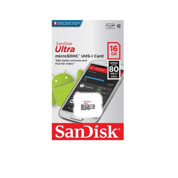 کارت حافظه microsd سندیسک مدل Ultra U1 با ظرفیت ۱۶گیگابایت سرعت 80MBps 533X